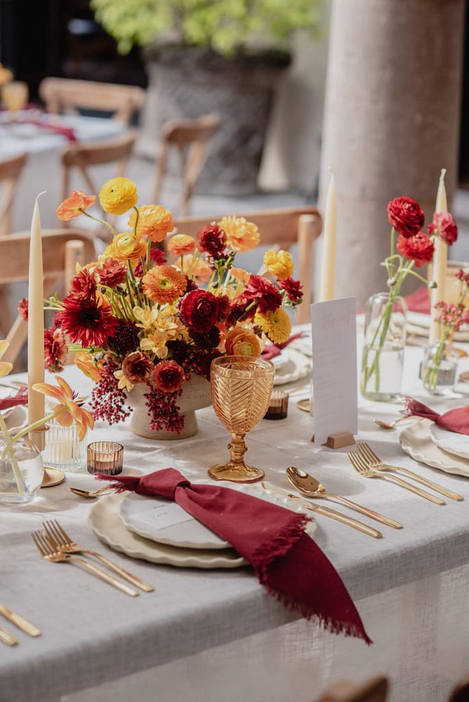 Dark Red and Yellow Wedding Flowers, Destination Wedding, San Miguel de Allende, Ophelia Florist