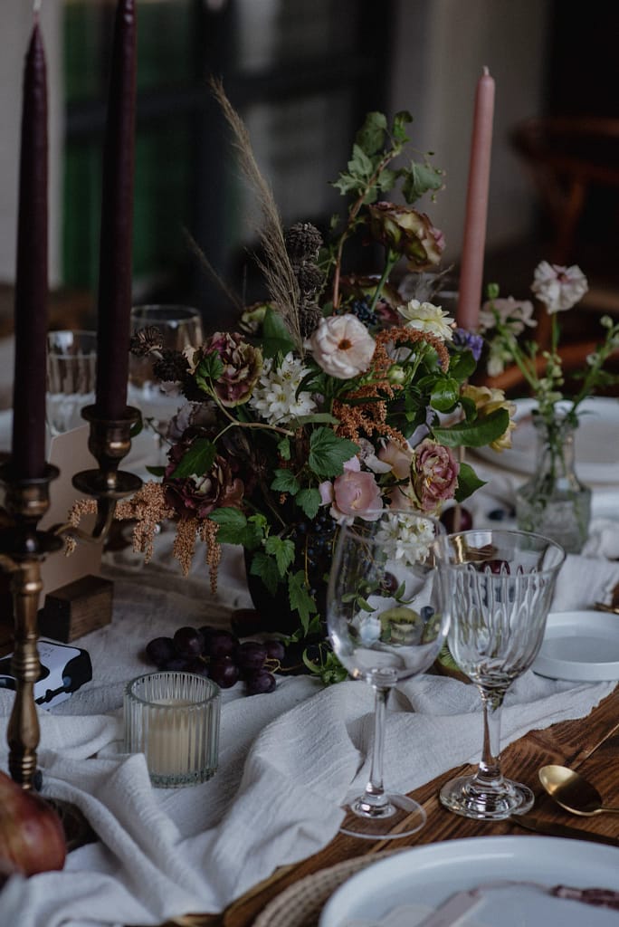 Romantic garden-style wedding flowers featuring mauve, blush, plum, and buttery yellow florals, Mexico Wedding