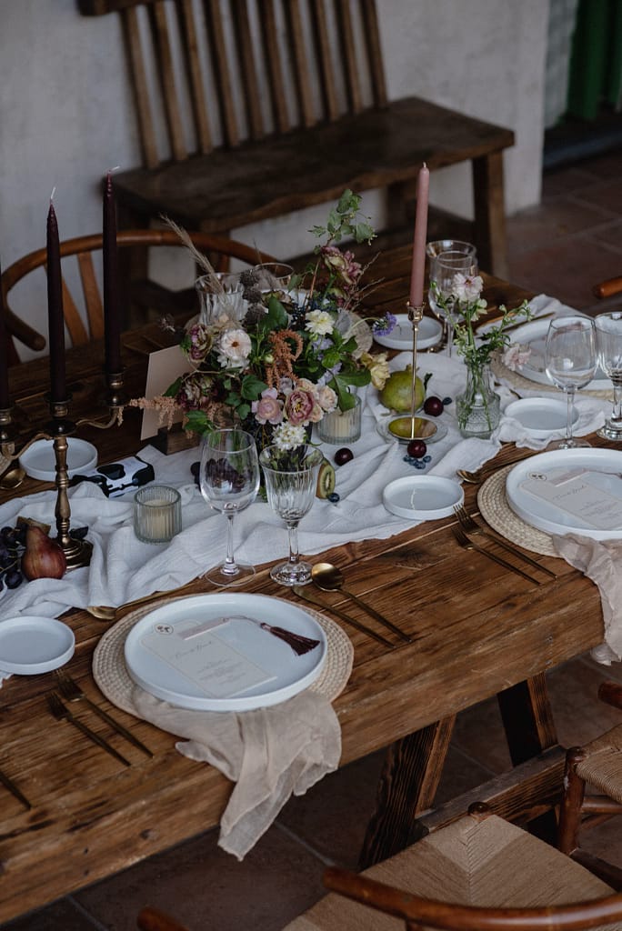 Romantic garden-style wedding flowers featuring mauve, blush, plum, and buttery yellow florals, Mexico Wedding