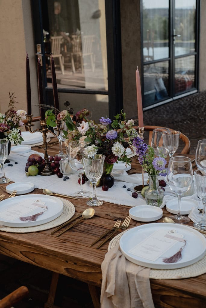 Romantic garden-style wedding flowers featuring mauve, blush, plum, and buttery yellow florals, Mexico Wedding